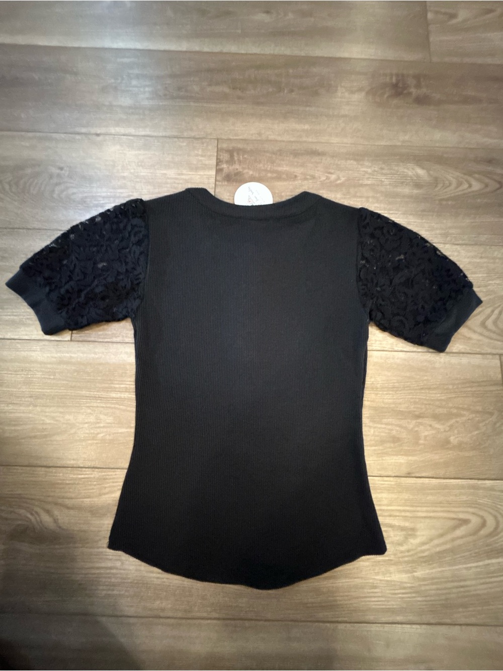 Mine Black Ribbed Henley Lace Puff Sleeve Top NWT Small Feminine